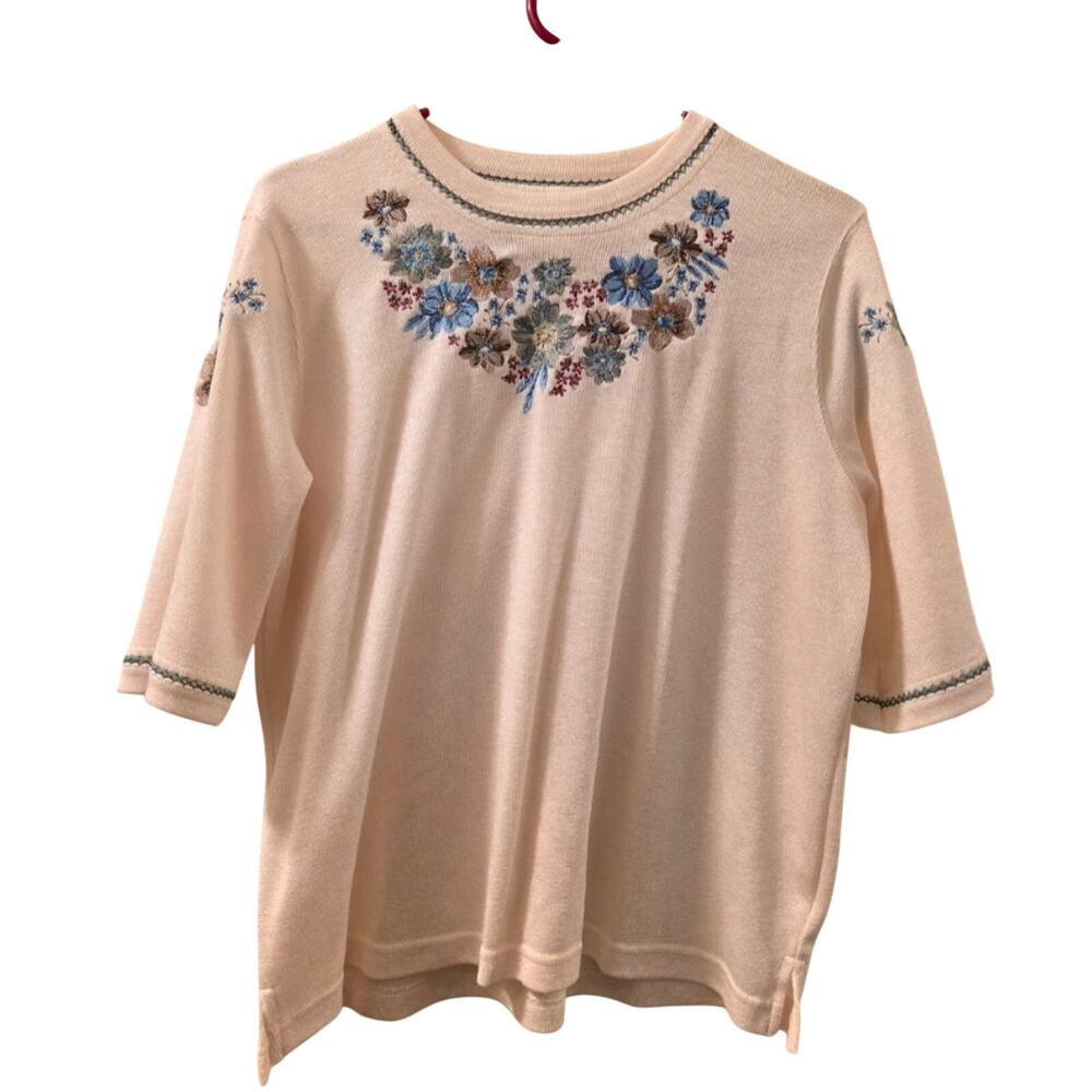 Vintage Embroidered Blouse Shirt Blue Brown Flowers Bon Worth MP Heritage Boho